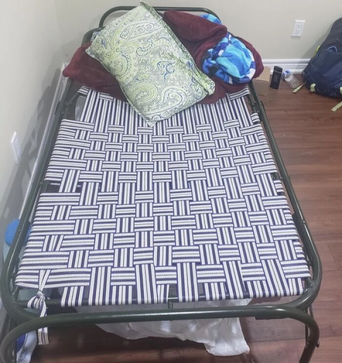 4: "My landlord took away the bed and mattress that were provided in the “furnished” rental and replaced it with this thing which is really hard to sleep on"